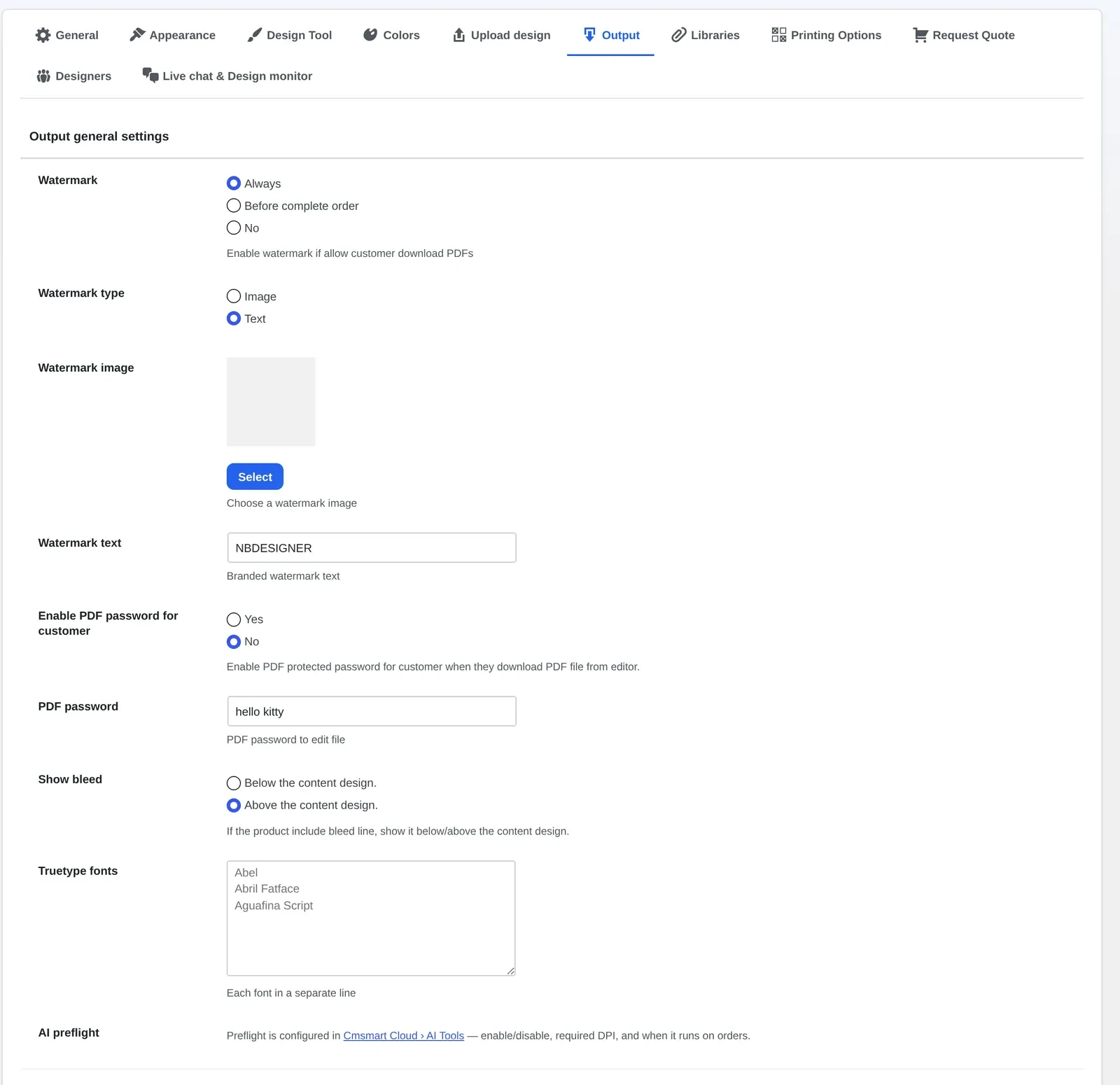 NBDesigner Settings Output screen showing watermark, bleed and AI preflight configuration