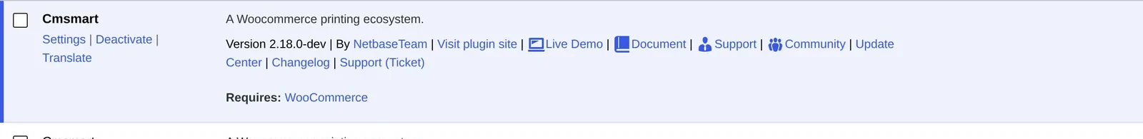 Cmsmart Product Designer active plugin row showing version 2.18.0-dev