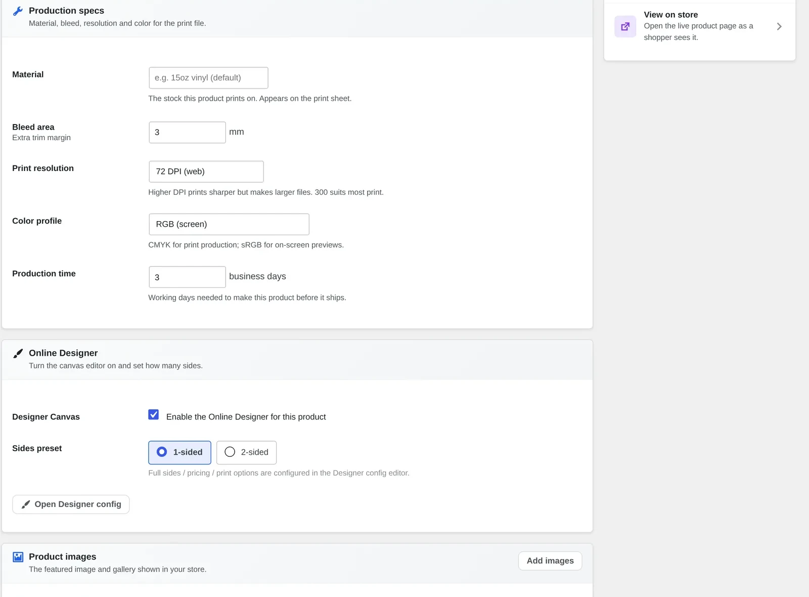 Production specs and Online Designer toggle used to configure a product's preview builder