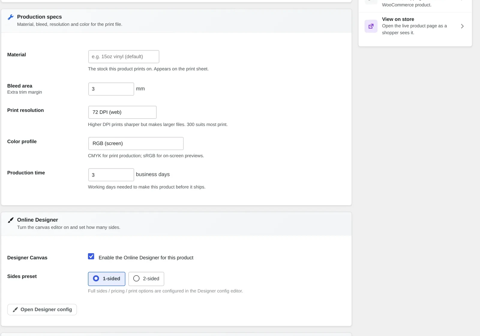 Production specs and Online Designer settings used to configure a product's preview builder