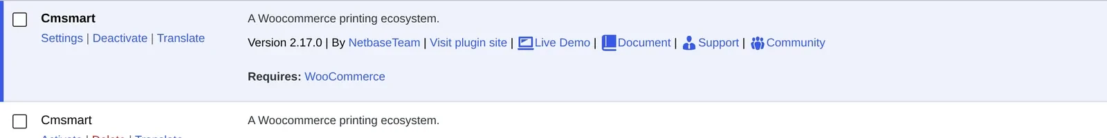 Cmsmart Product Designer (NBDesigner) 2.17.0 row in the WordPress Plugins screen, with the native Translate link