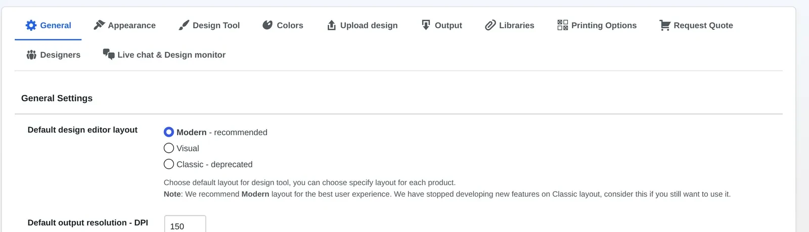 NBDesigner Settings General tab: Default design editor layout picker, Modern marked recommended, Classic marked deprecated