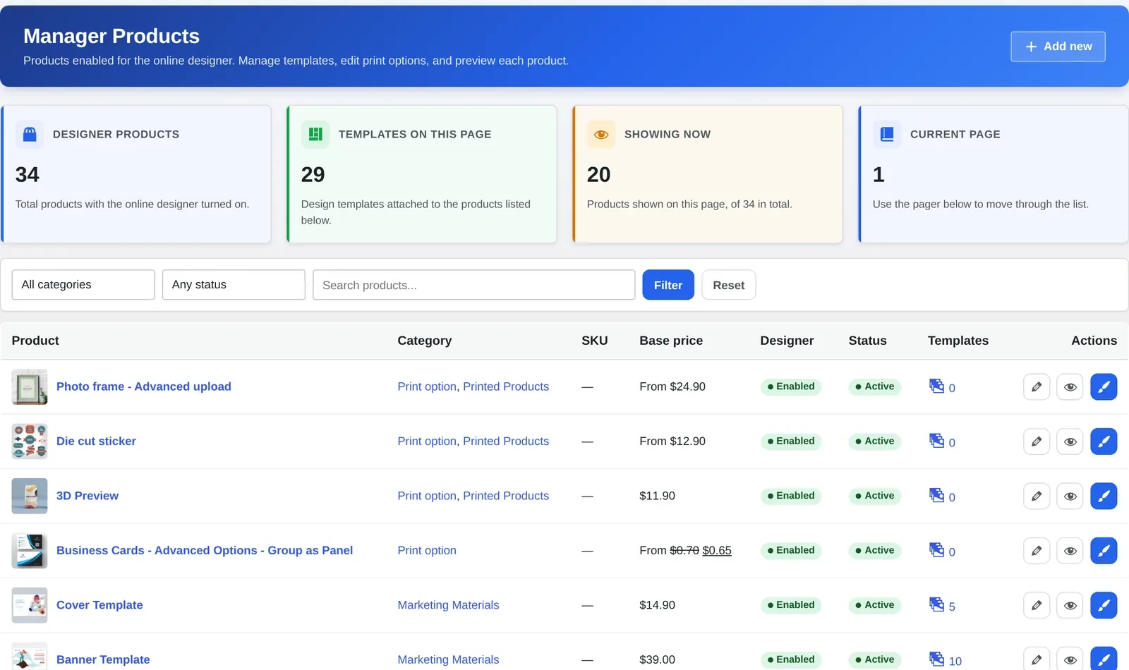 NBDesigner Manage Products screen listing 34 design-enabled products that share the same translated designer strings