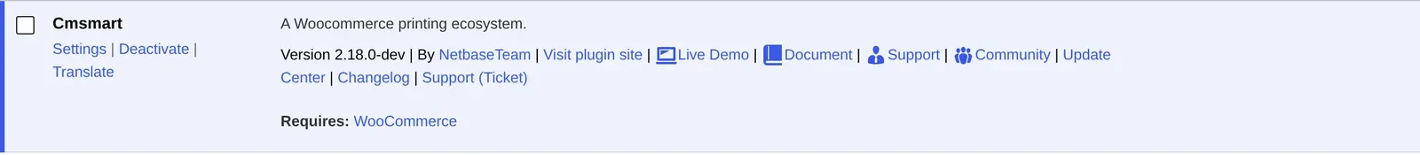 Cmsmart Product Designer Plugins screen row (demo install running 2.18.0-dev) with Settings, Deactivate and native Translate links