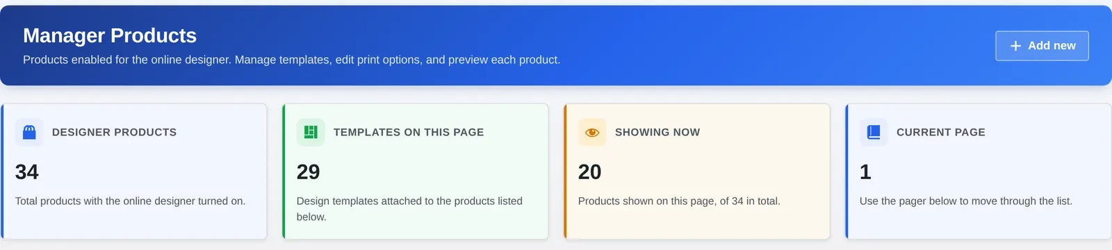 Cmsmart Product Designer 2.17.0 Manage Products screen showing 34 design-enabled products that share one set of translated strings