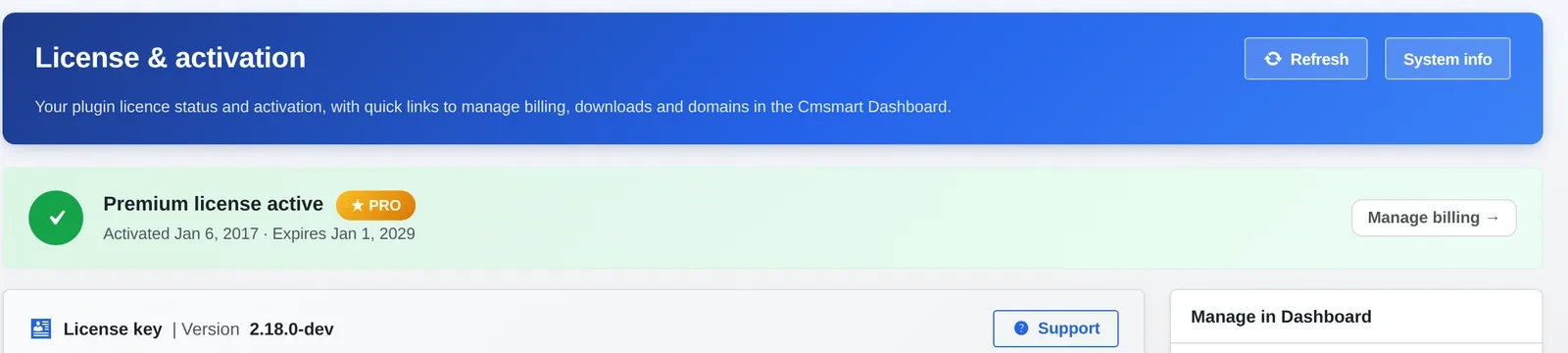 Cmsmart Product Designer License and activation screen (demo install running 2.18.0-dev), used when troubleshooting AI tools on translated WPML pages