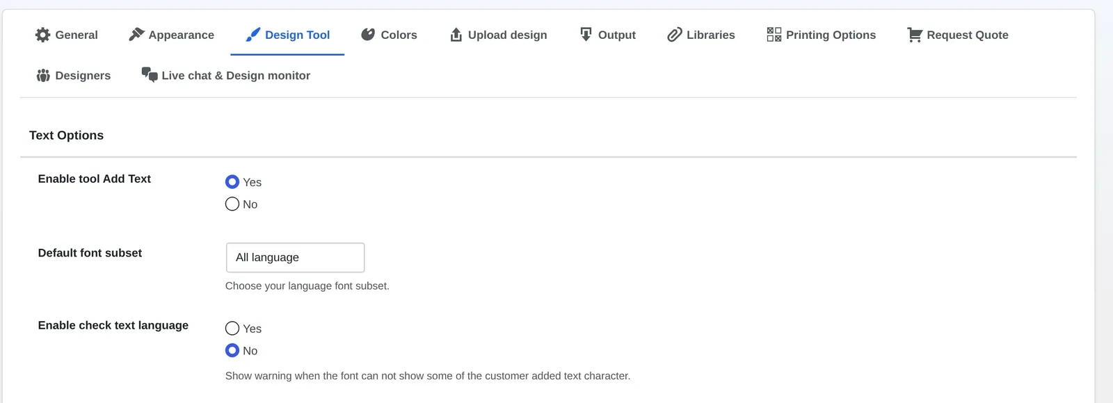 Cmsmart Settings Design Tool tab: Default font subset and Enable check text language fields for translated storefronts