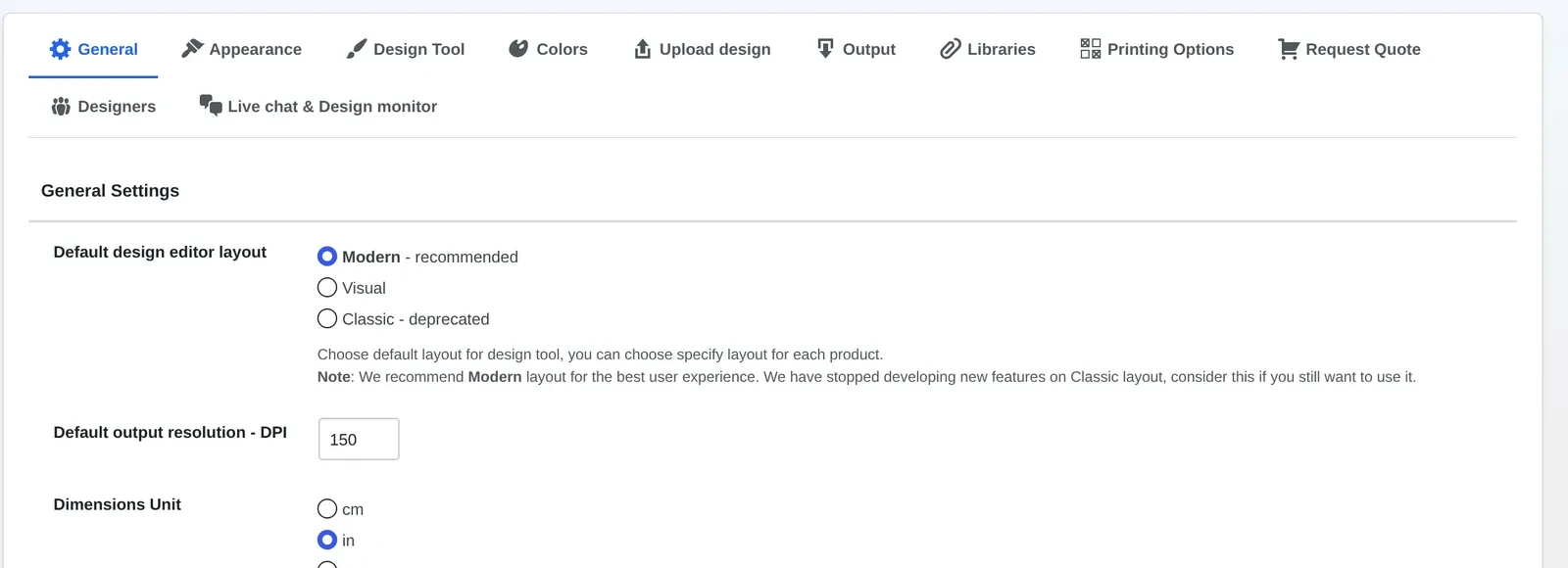 Settings General tab confirming Modern layout before a multilingual product designer rollout, with Classic marked deprecated