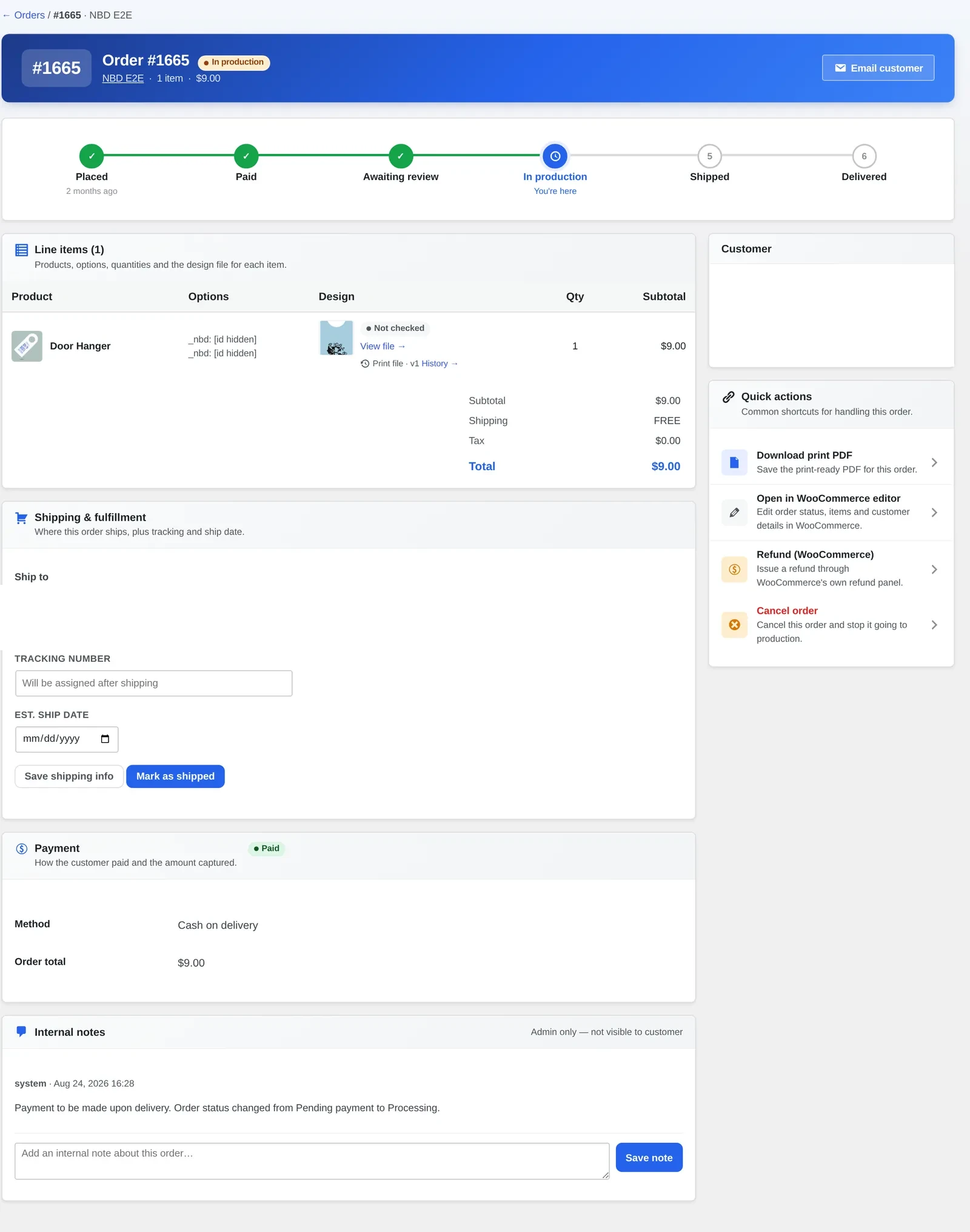 WooCommerce order detail screen with production timeline and a Download print PDF quick action