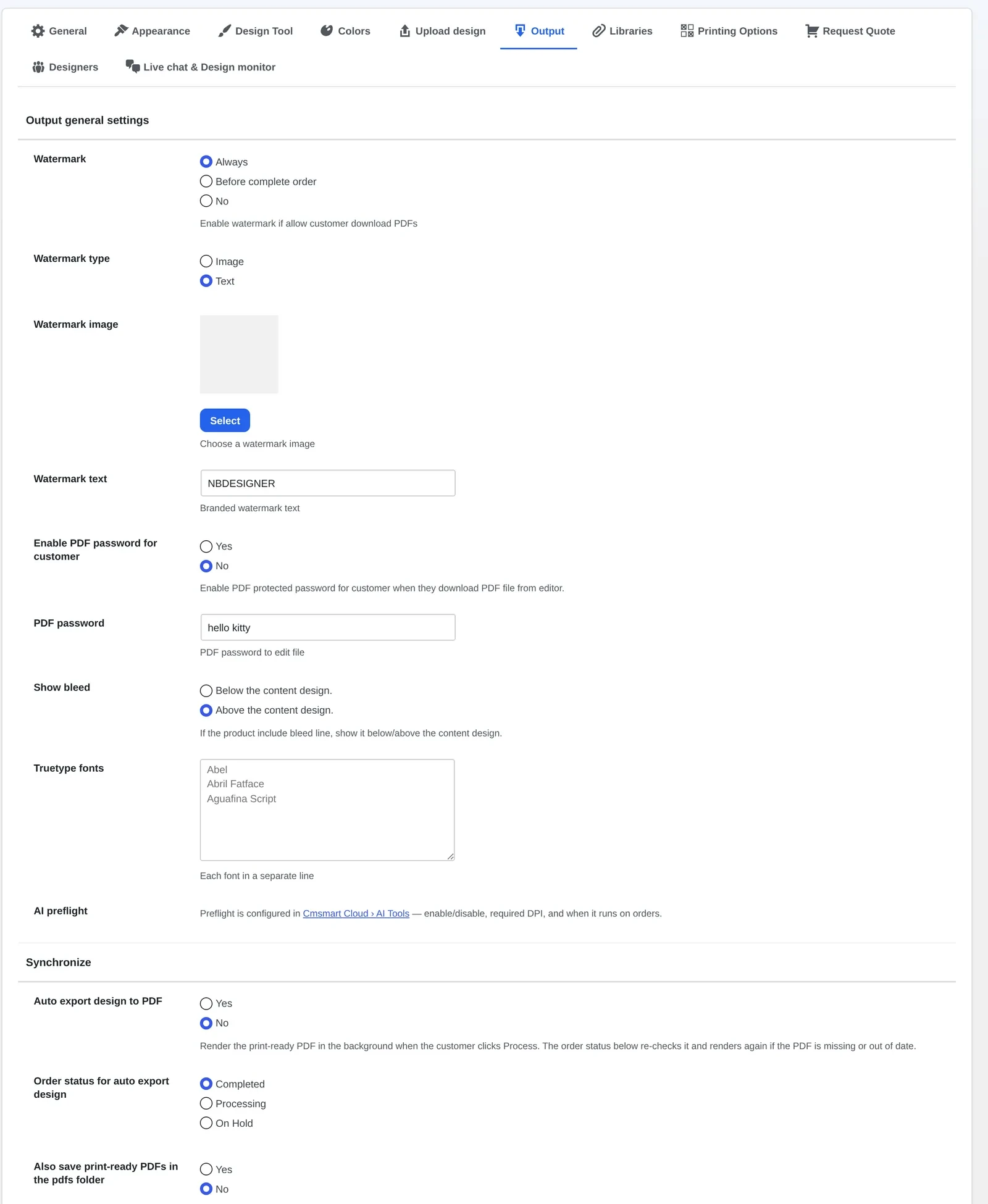 WooCommerce Cmsmart Output settings tab with watermark, bleed and auto-export to PDF options