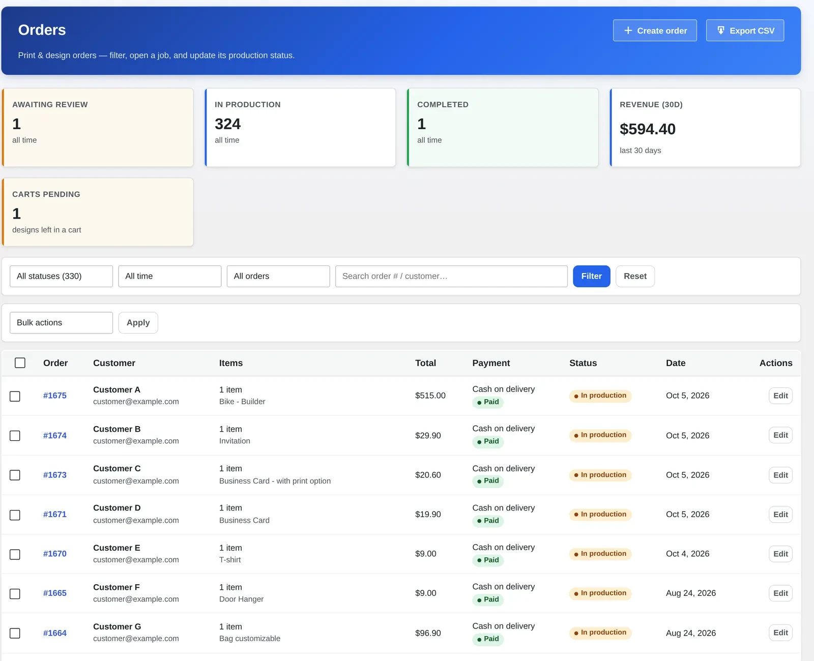 Cmsmart Orders screen listing web-to-print orders with production status