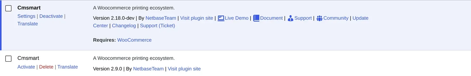 Cmsmart Product Designer plugin row on the WordPress Plugins screen showing the active version