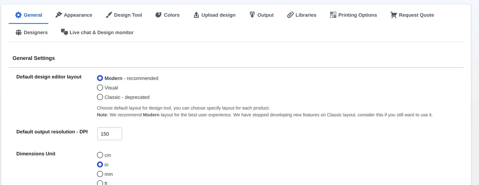 NBDesigner Settings screen showing the Designers tab next to General, Upload design and Output