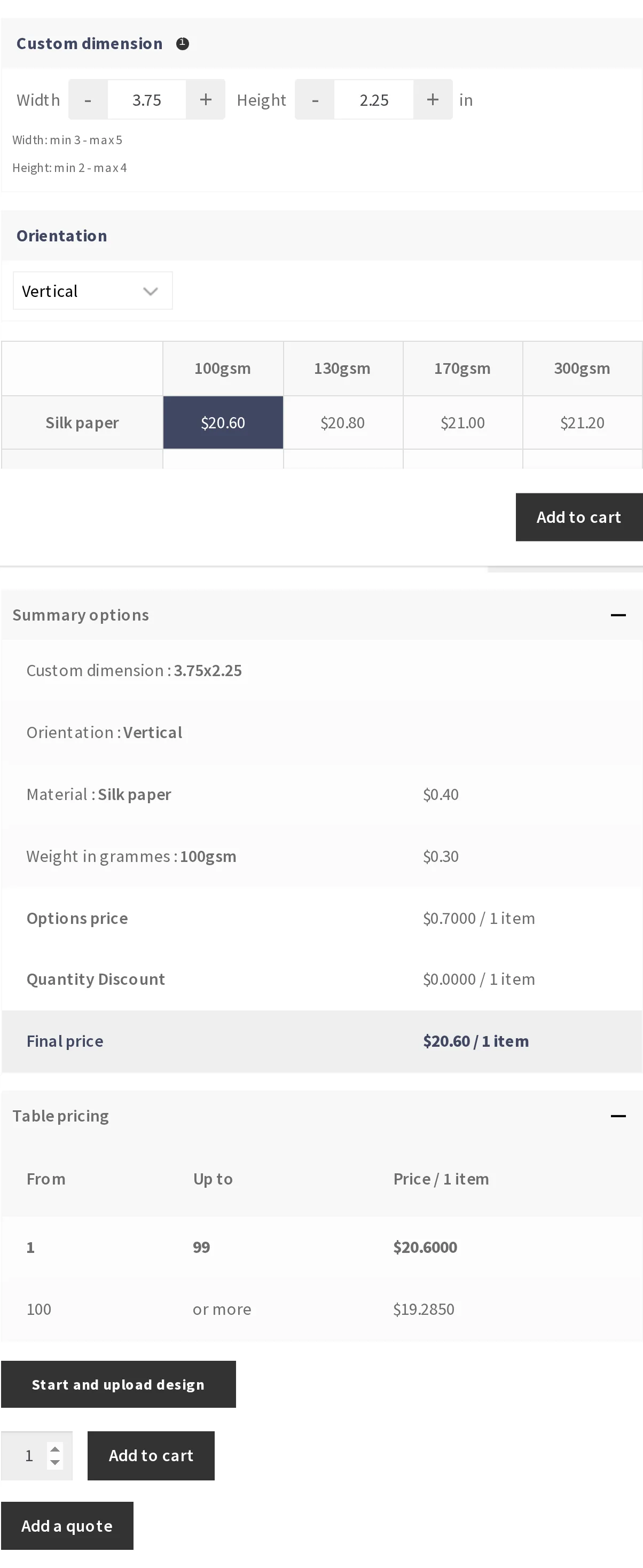 WooCommerce price matrix table (paper type by weight) and quantity-breaks pricing recalculating live as a shopper changes options