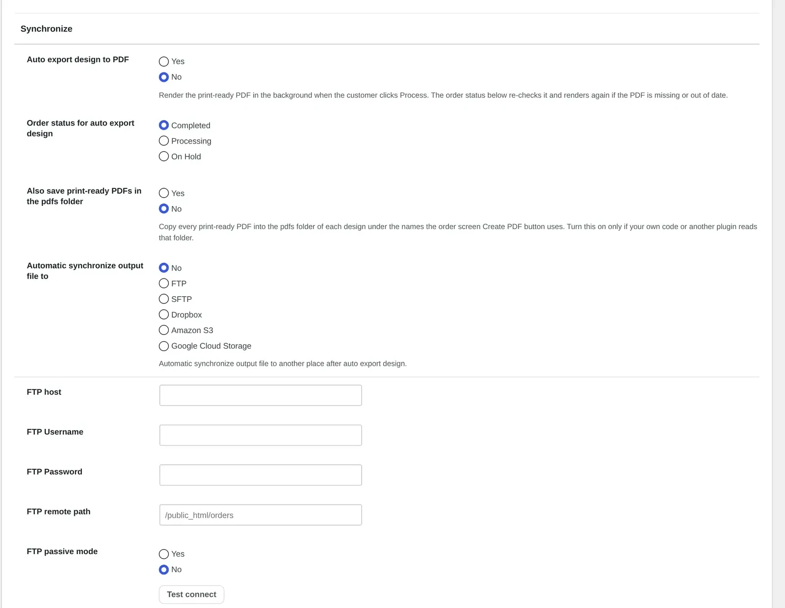 Automatic print-ready PDF export for WooCommerce: Output settings Synchronize section with sync destinations