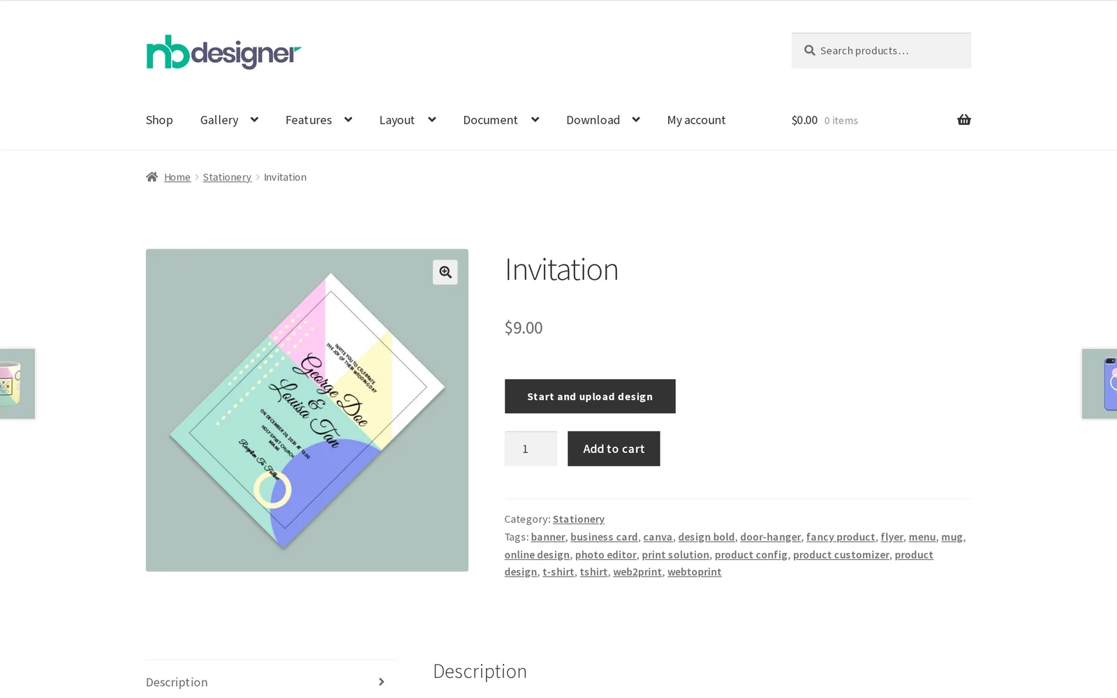 Product designer demo: WooCommerce product page with the Start and upload design button