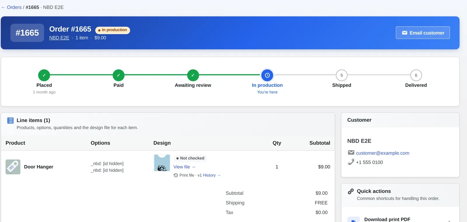 Order detail screen with production status timeline and line item design file