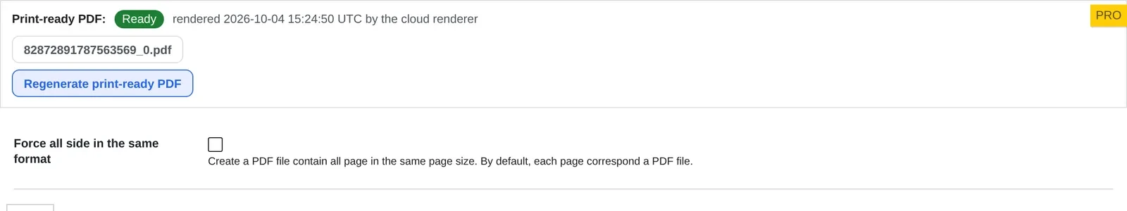 Print-ready PDF status showing Ready, rendered by the Cmsmart Cloud renderer