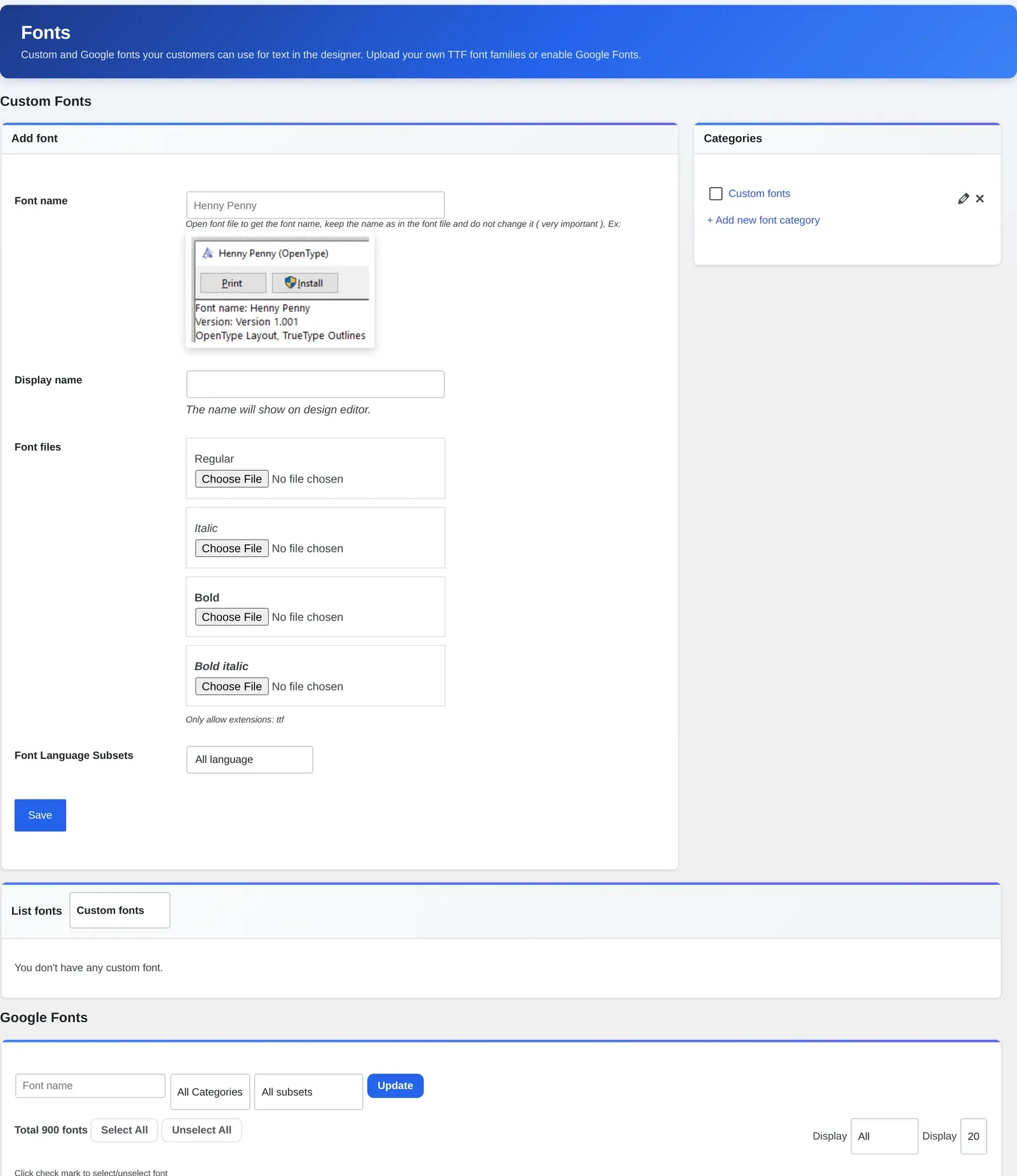 Cmsmart Product Designer Fonts manager showing the Add font form and the Google Fonts list with 900 fonts
