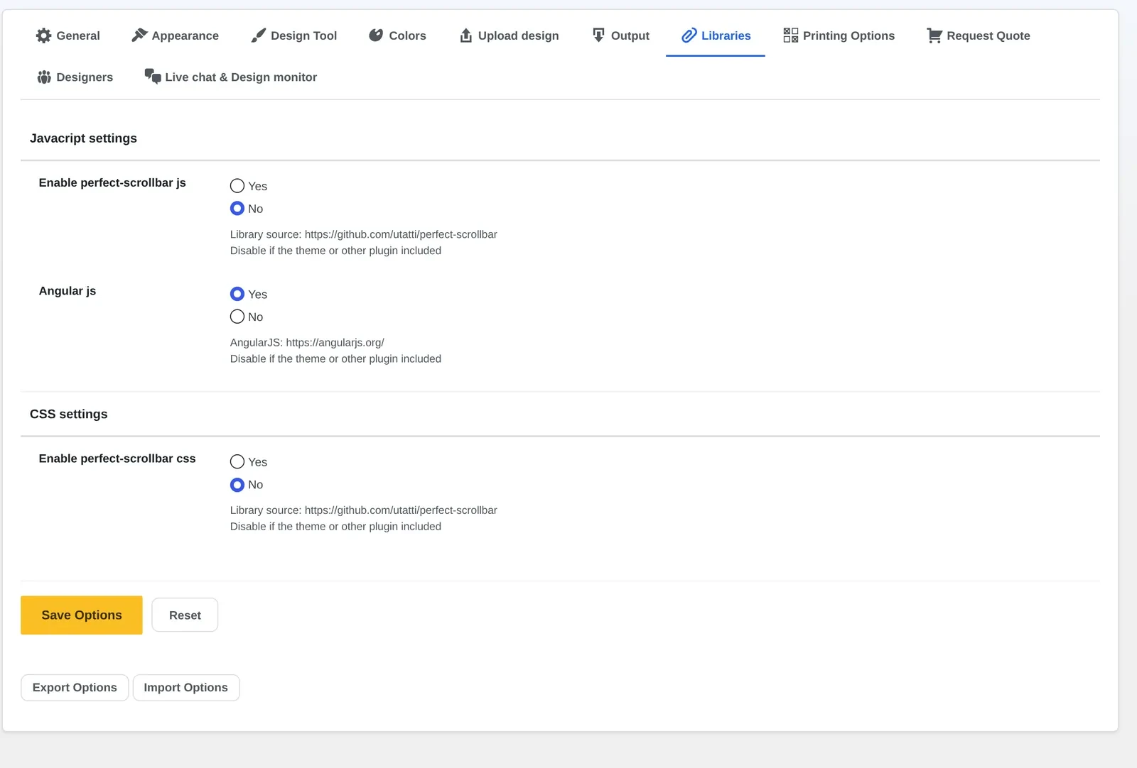 Settings Libraries tab in WP Admin showing JavaScript and CSS library options, not the Cliparts Fonts Backgrounds screens