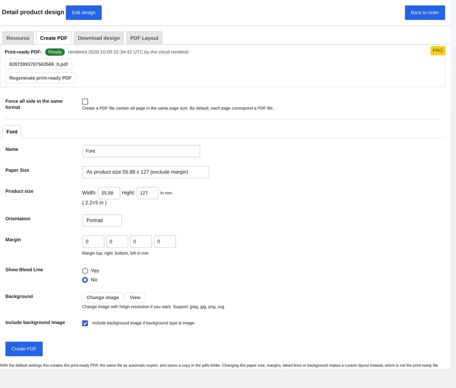 Create PDF tab on an NBDesigner order showing Print-ready PDF status Ready, rendered by the cloud renderer, with paper size, margins and bleed fields