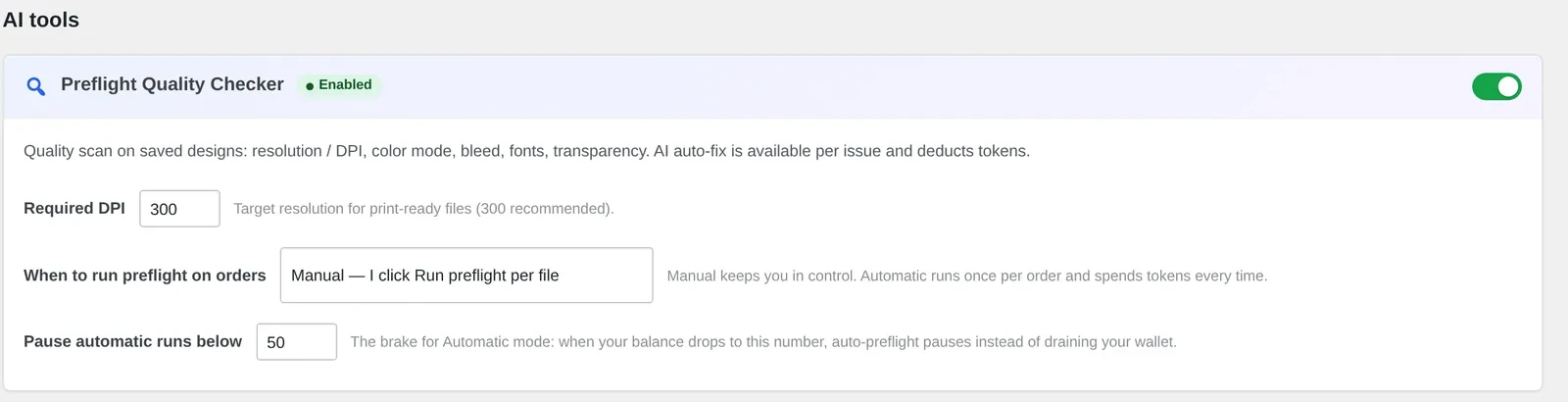 Cmsmart Cloud AI Tools panel showing Preflight Quality Checker enabled, required DPI 300, and manual run setting