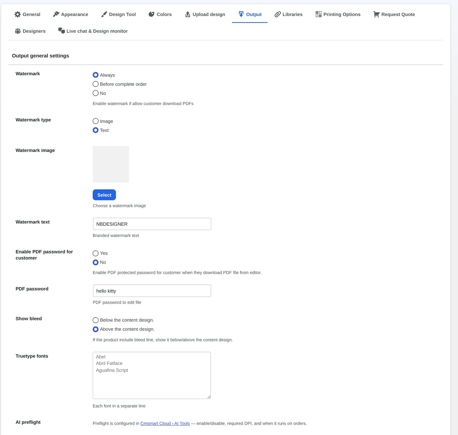 Print ready PDF output settings WooCommerce screen in Cmsmart Product Designer 2.18.0, Output tab, showing Watermark, Watermark type, PDF password, Show bleed and Truetype fonts