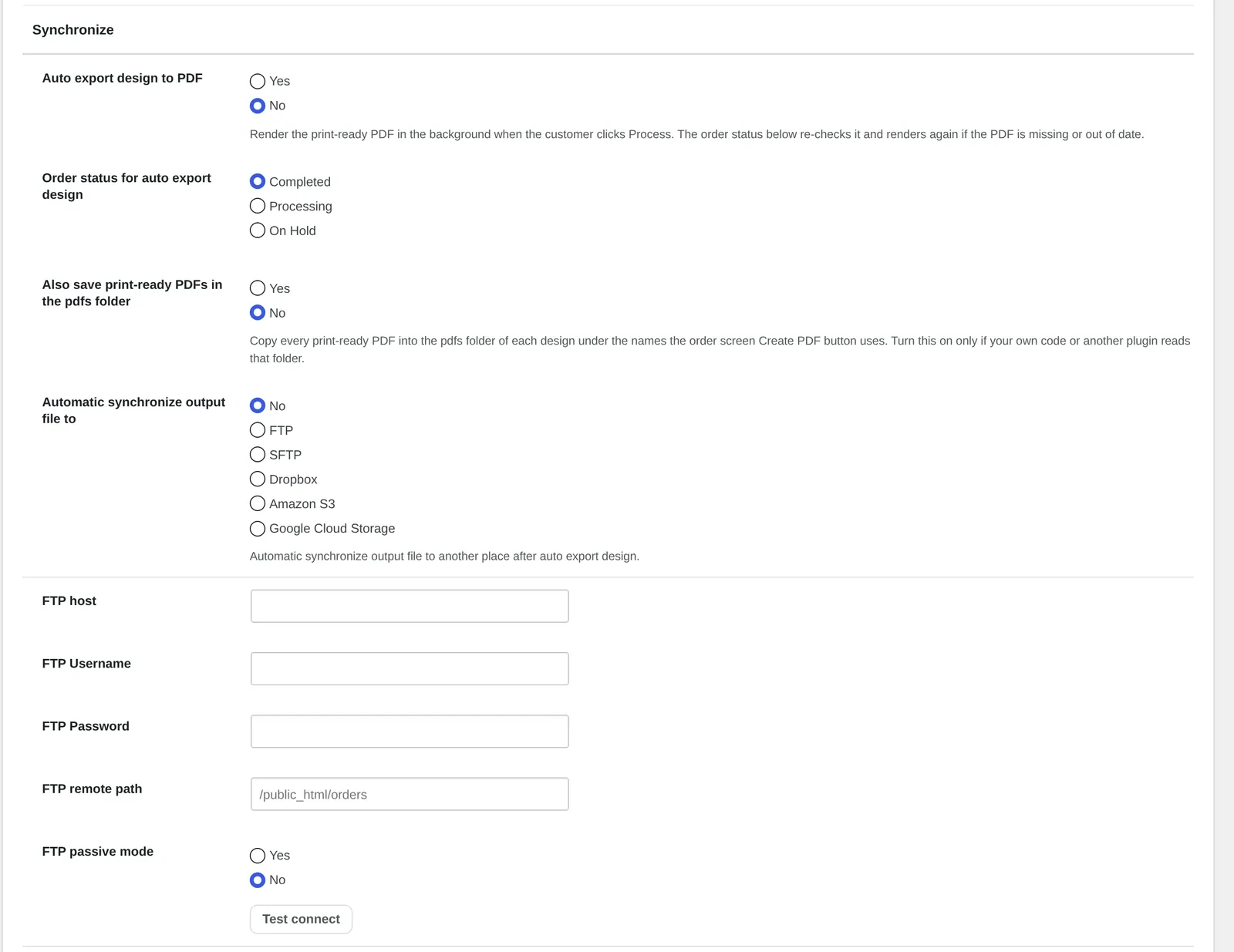 Cmsmart Product Designer Synchronize settings: Auto export design to PDF, order status, and Automatic synchronize output file to FTP with host, username and remote path fields
