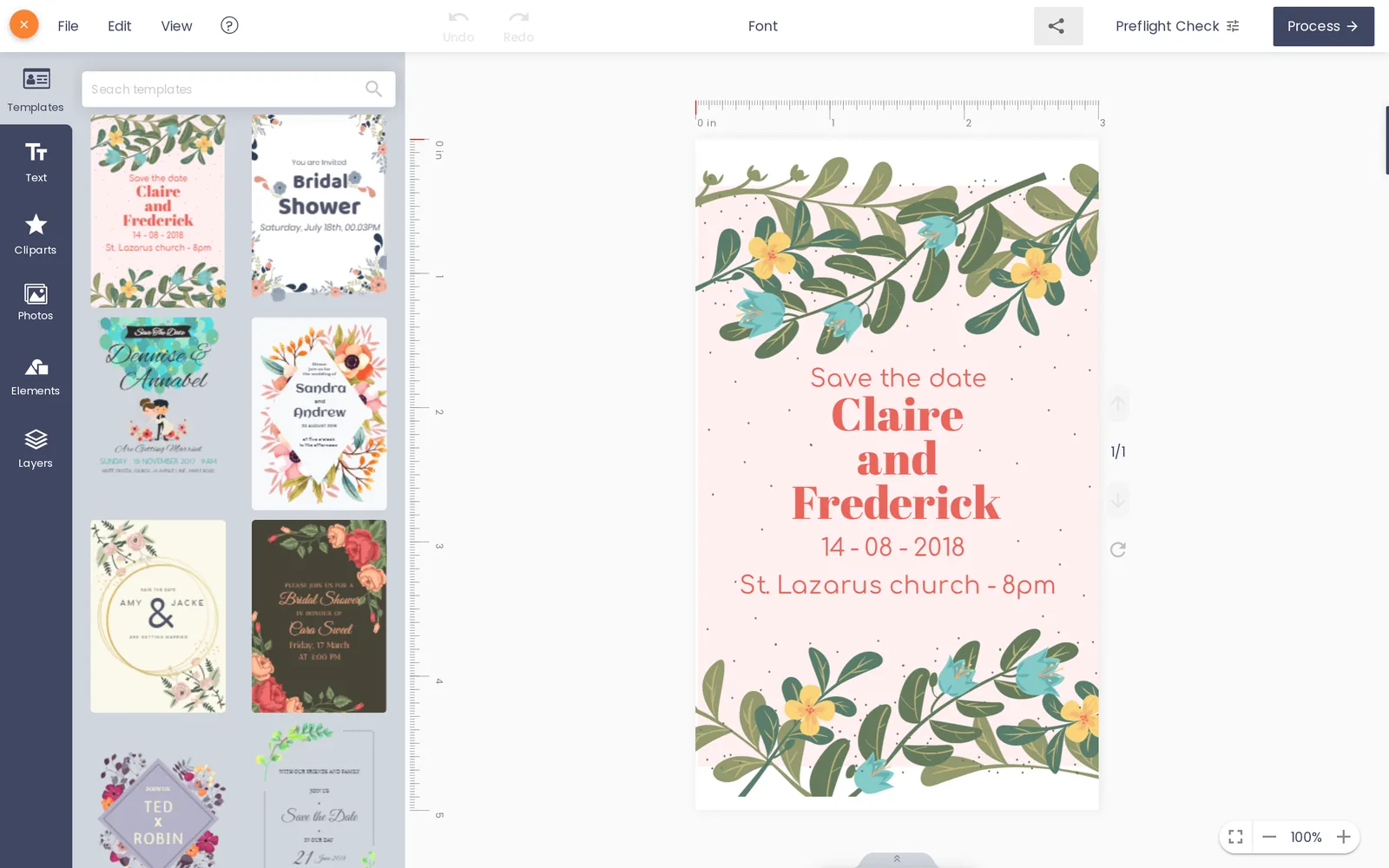 Cmsmart Product Designer online editor open on an invitation product with a template on the canvas, templates, text, cliparts, photos and layers panels on the left