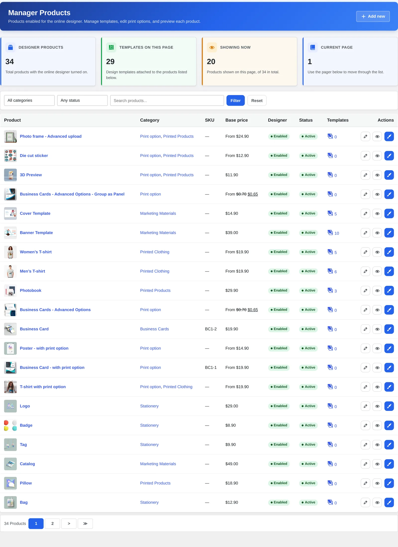 Cmsmart product manager screen listing 34 design-enabled WooCommerce products with their base prices and template counts