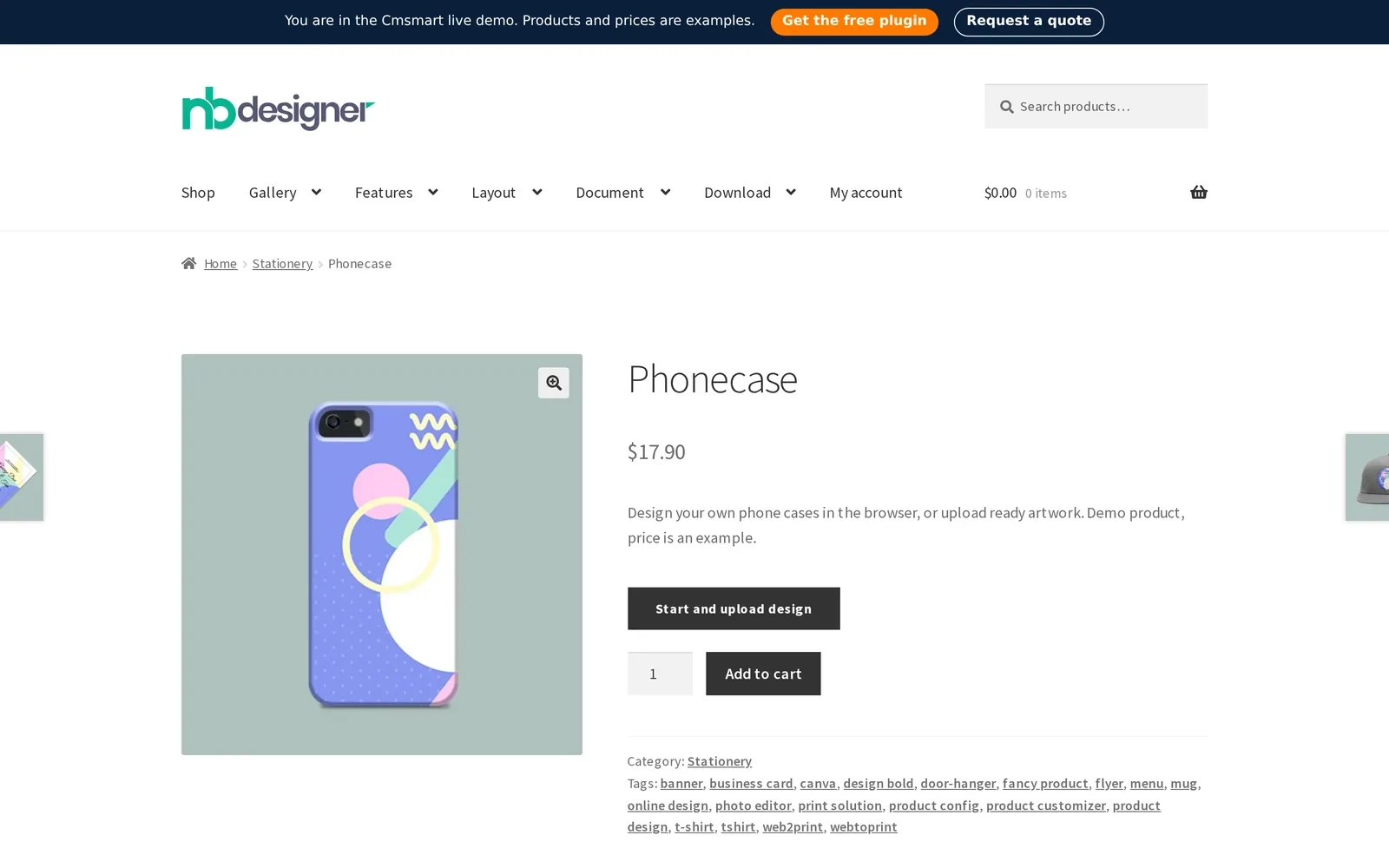 How to start a phone case business: the Phonecase product page with the Start and upload design button