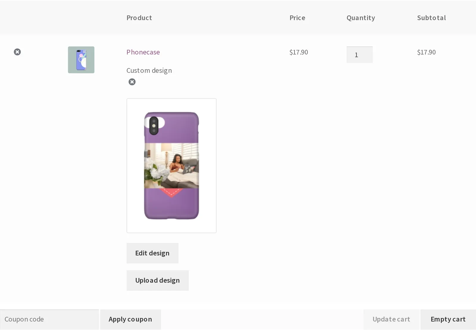 Phone case design shown as a custom design thumbnail in the WooCommerce cart