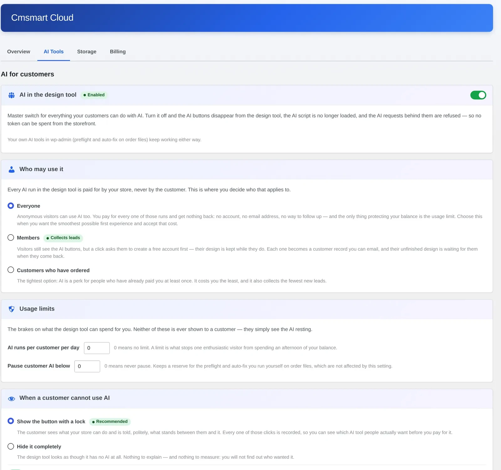 Cmsmart Cloud AI Tools settings showing AI in the design tool enabled and Preflight Quality Checker options
