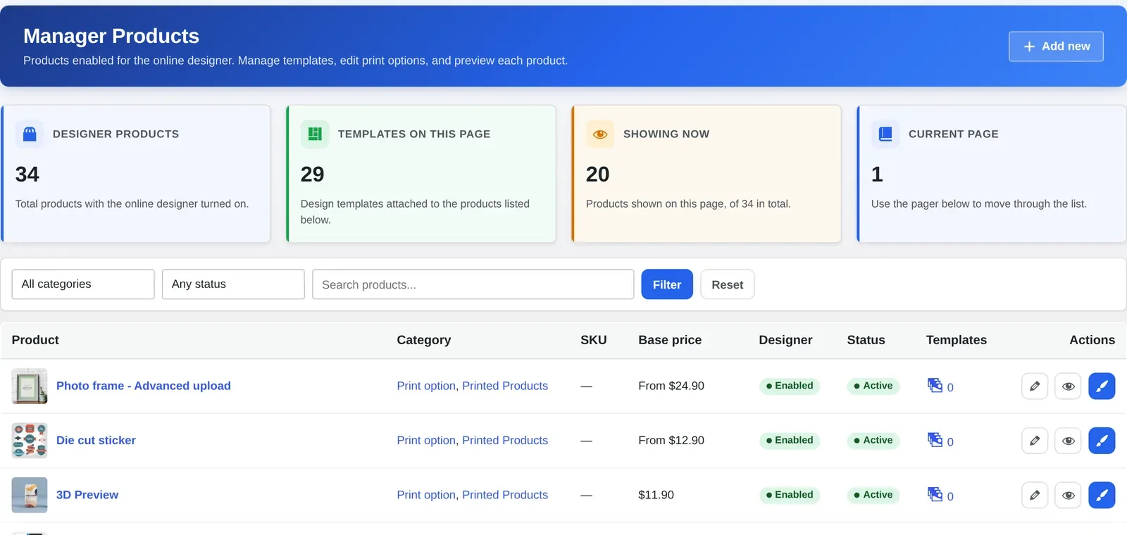 3D Preview demo product listed in Cmsmart Manager Products with the designer enabled