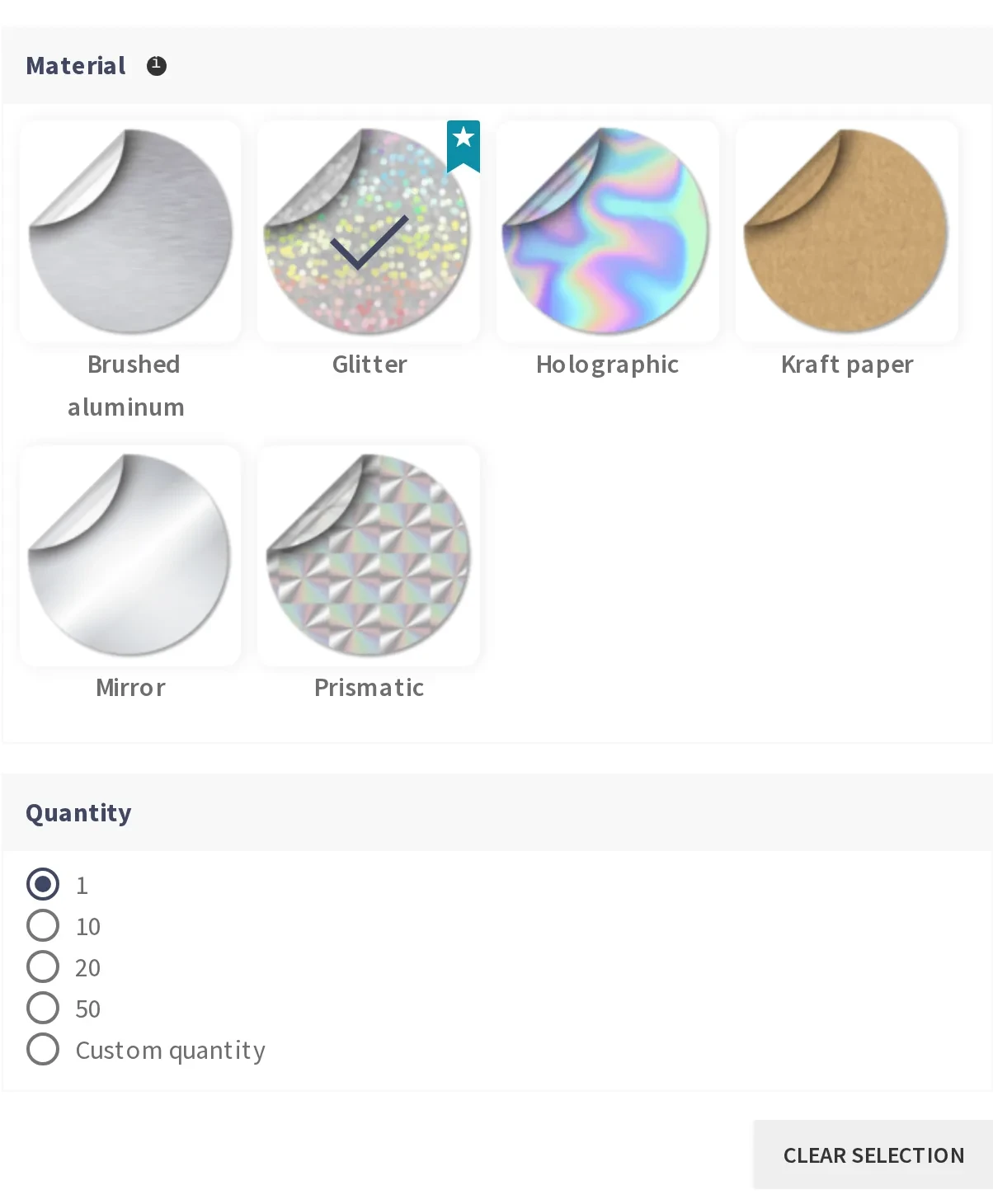 Material and quantity options for a die-cut sticker with live price recalculation