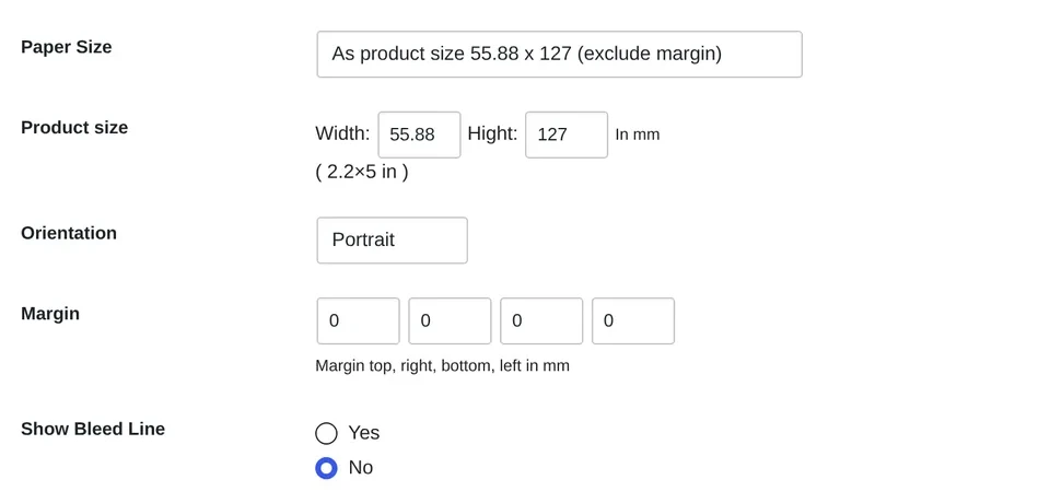 Create PDF panel with the Show Bleed Line toggle, margin and product size fields