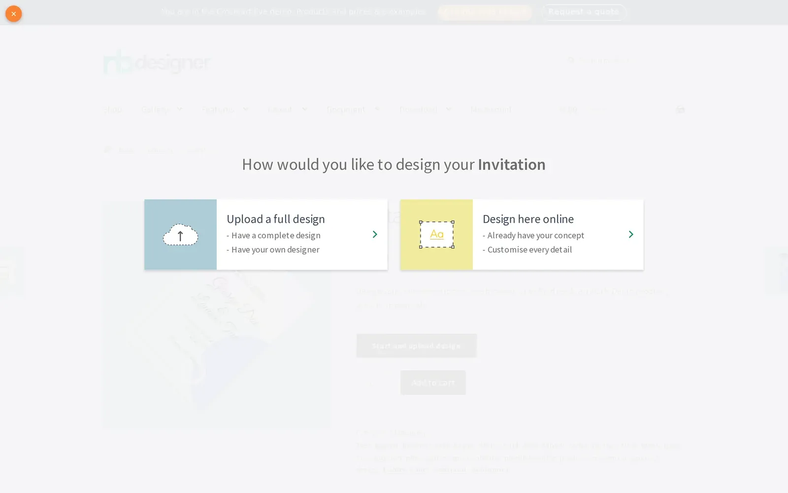 Cmsmart Product Designer chooser showing Upload a full design and Design here online, the storefront effect of the Enable Upload Design setting