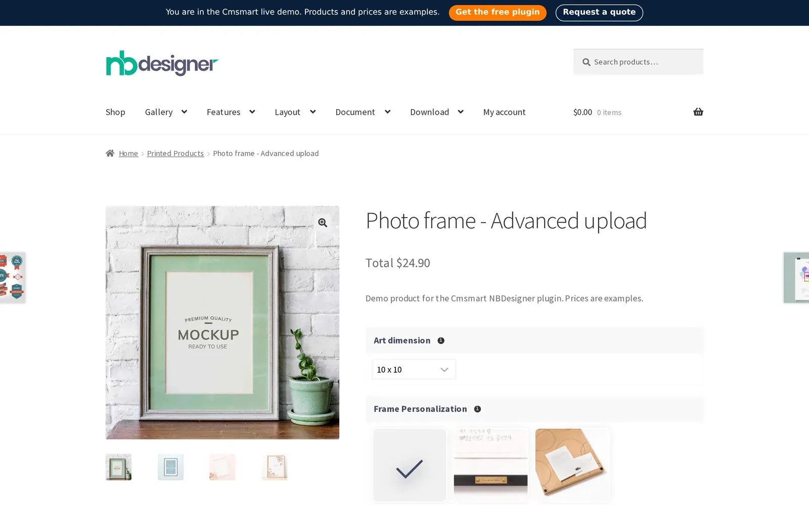 Photo frame Advanced upload product page configured with the Advanced upload file mode and art dimension options