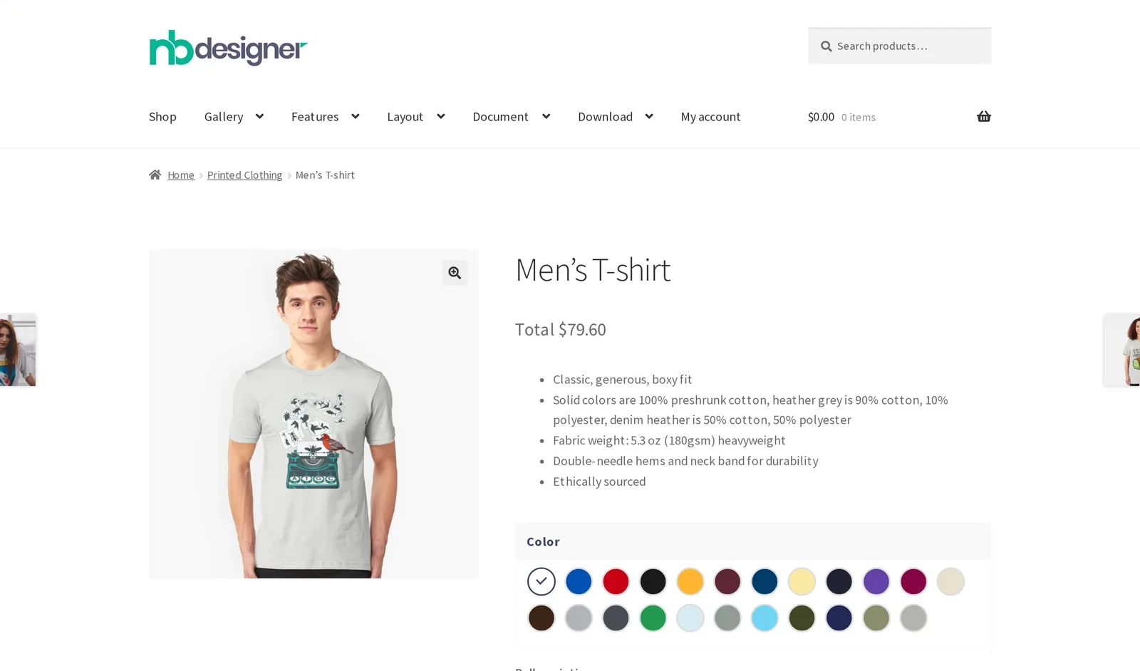 T-shirt design tool entry point: Men's T-shirt product page with color swatches, bulk size table and the Start Design button above Add to cart
