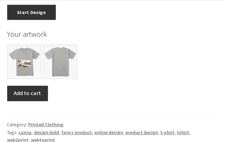 Your artwork preview on the T-shirt product page showing the saved design thumbnail next to the Add to cart button