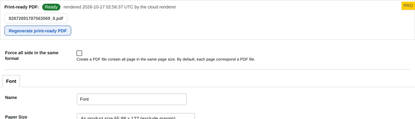 Print-ready PDF panel showing a Ready status and a Font tab in the Create PDF settings for the order