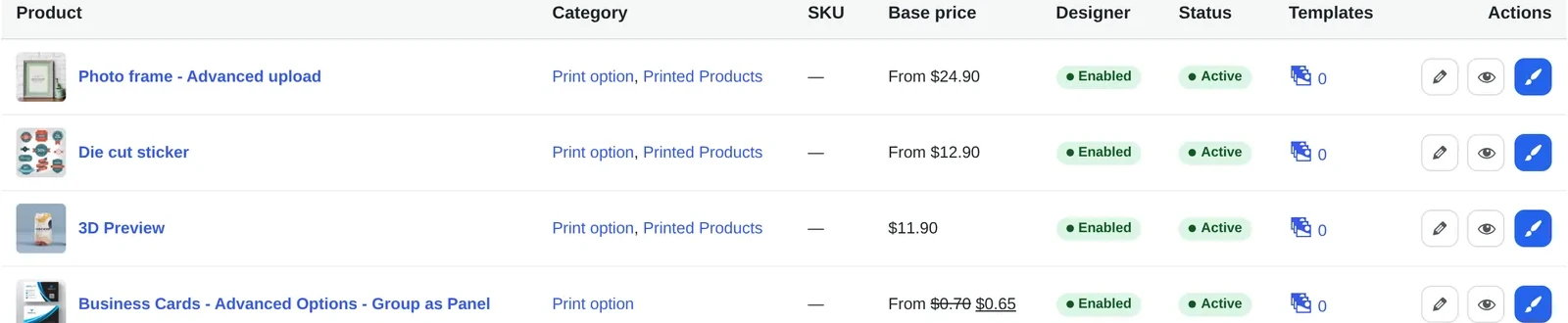 NBDesigner Product Manager listing showing a 3D Preview product enabled and active, proof the feature exists in the plugin today