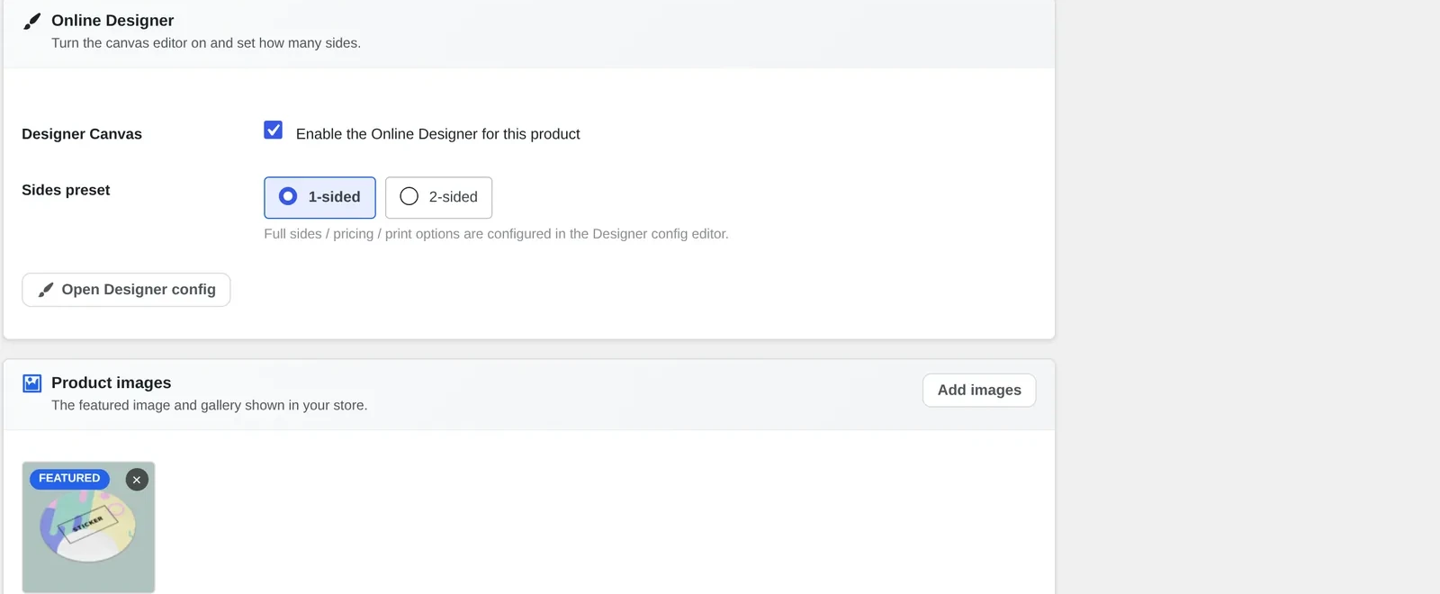 NBDesigner product configuration Online Designer section with the Enable the Online Designer checkbox and sides preset
