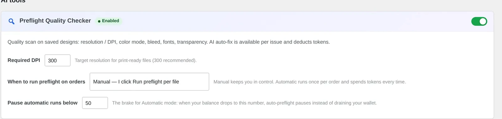Cmsmart Cloud AI Tools settings with Preflight Quality Checker enabled and required DPI set