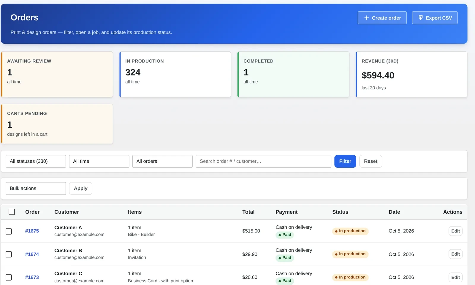 Cmsmart Orders dashboard in wp-admin with an Invitation order in the production queue alongside other print jobs
