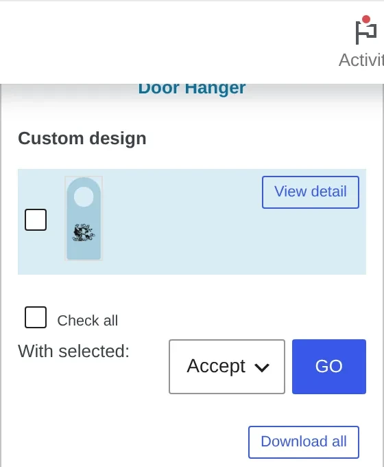 Customer Design approval box in wp-admin with Accept, Download all and Send notify mail controls
