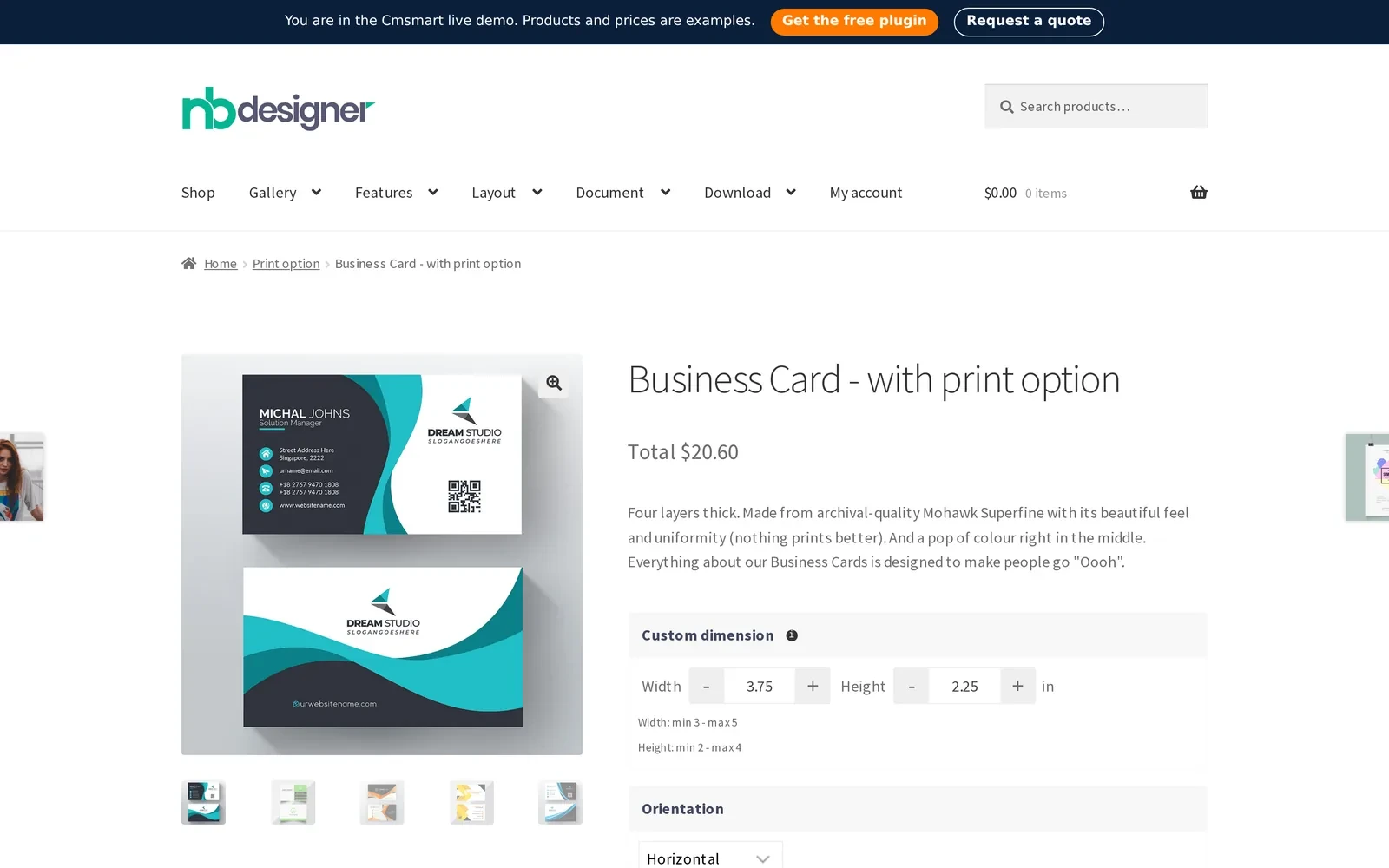 WooCommerce product page with custom dimension fields before the automatic pricing calculator for web2print runs