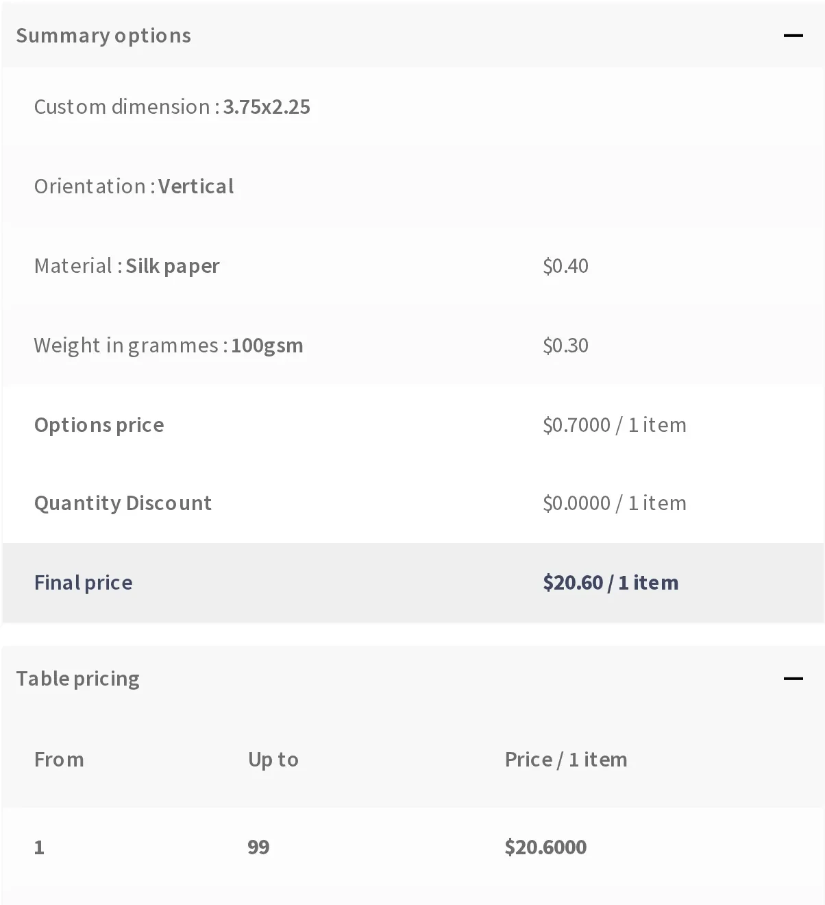 Options price, quantity discount and final price breakdown with tiered table pricing