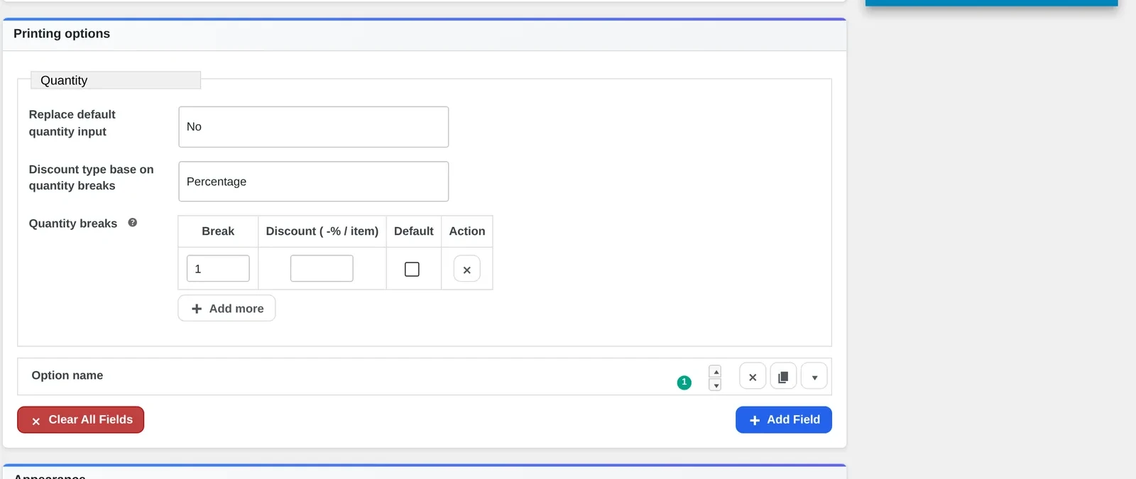 Quantity breaks discount builder in the Printing Option editor