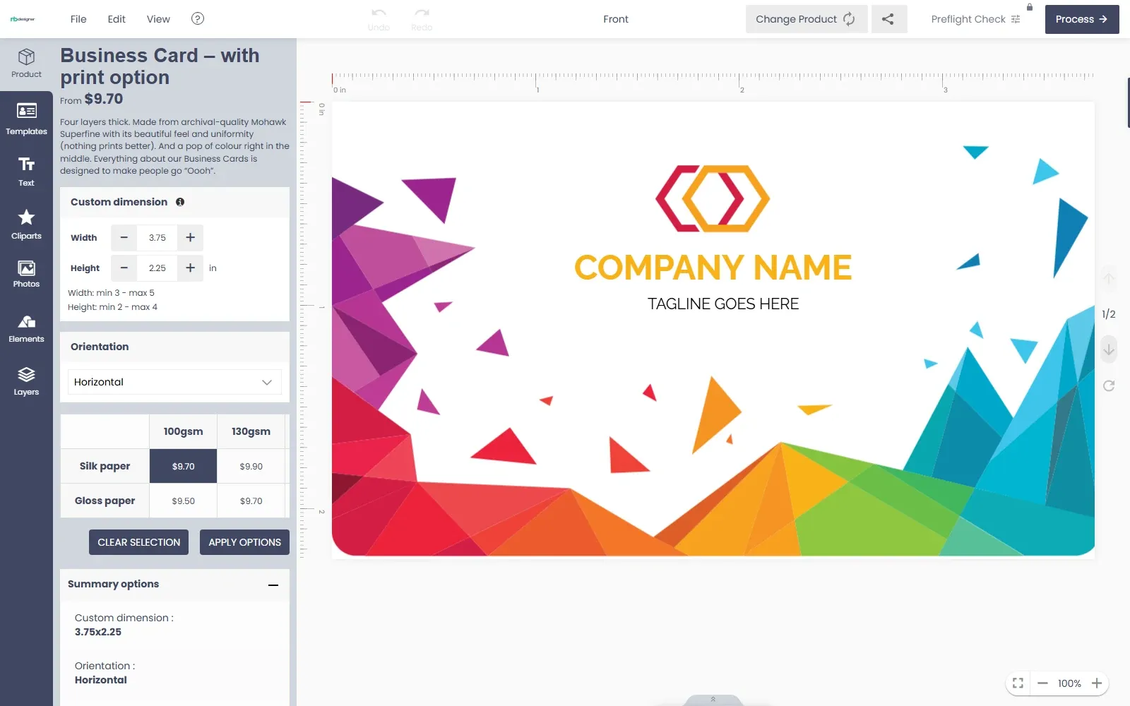 Business card in the NBDesigner editor with guides for the design area